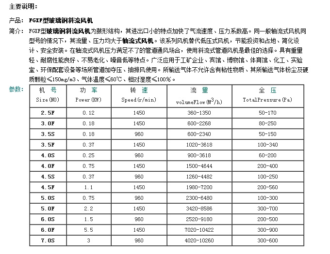 龍勤FGXF型玻璃鋼斜流風(fēng)機(jī)主要說(shuō)明